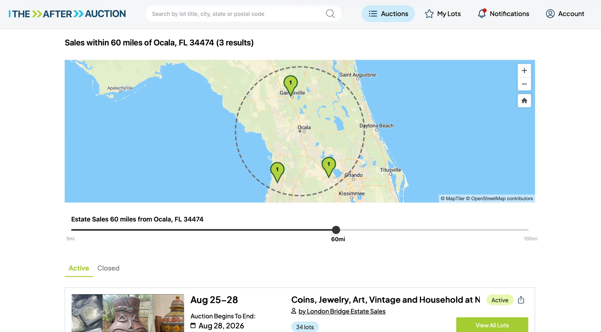 The auction map showing estate sales within 60 miles of Ocala, Florida, with a distance slider below it.