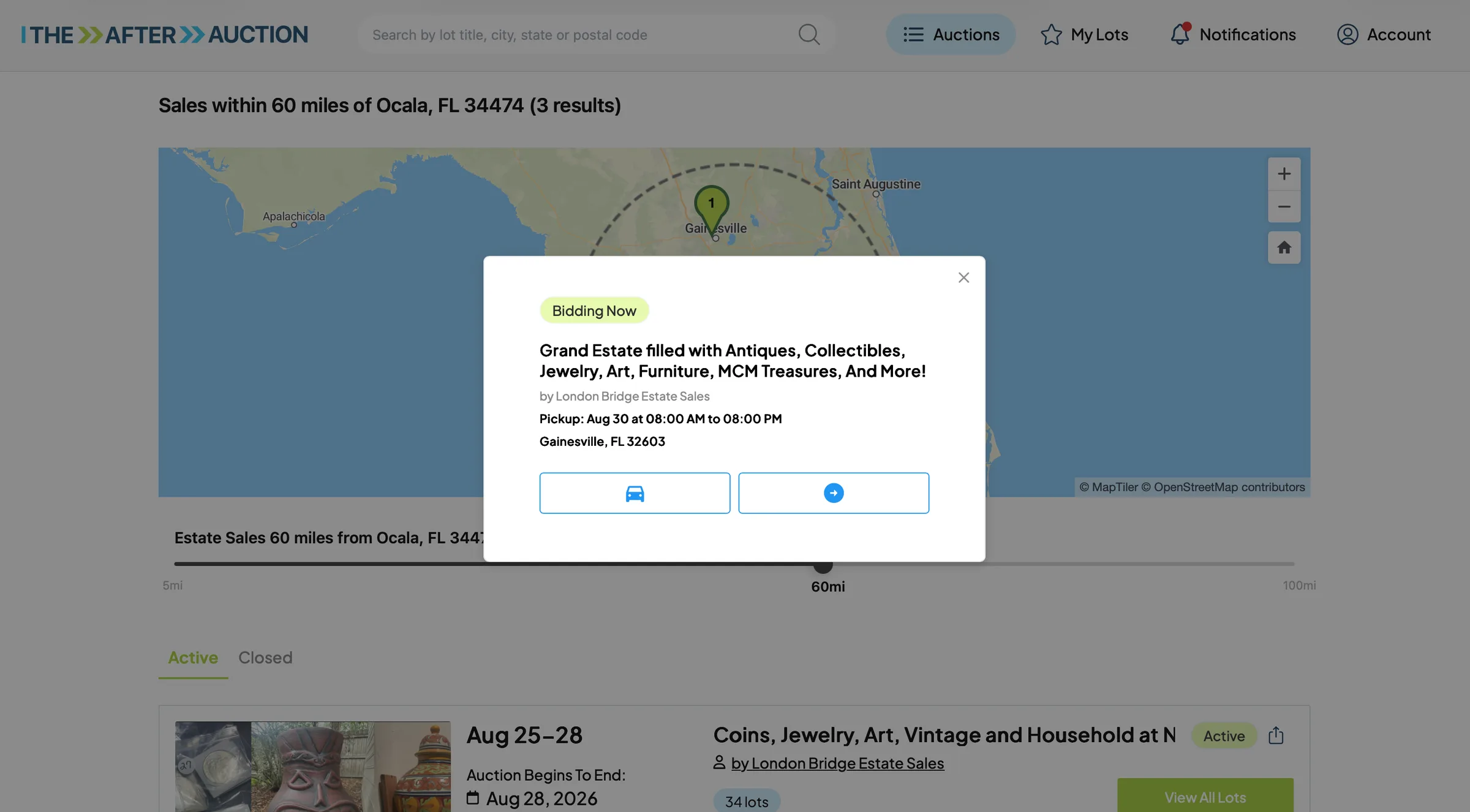 A map pin opened to a card showing an auction marked Bidding Now, its seller, and its pickup date and location.