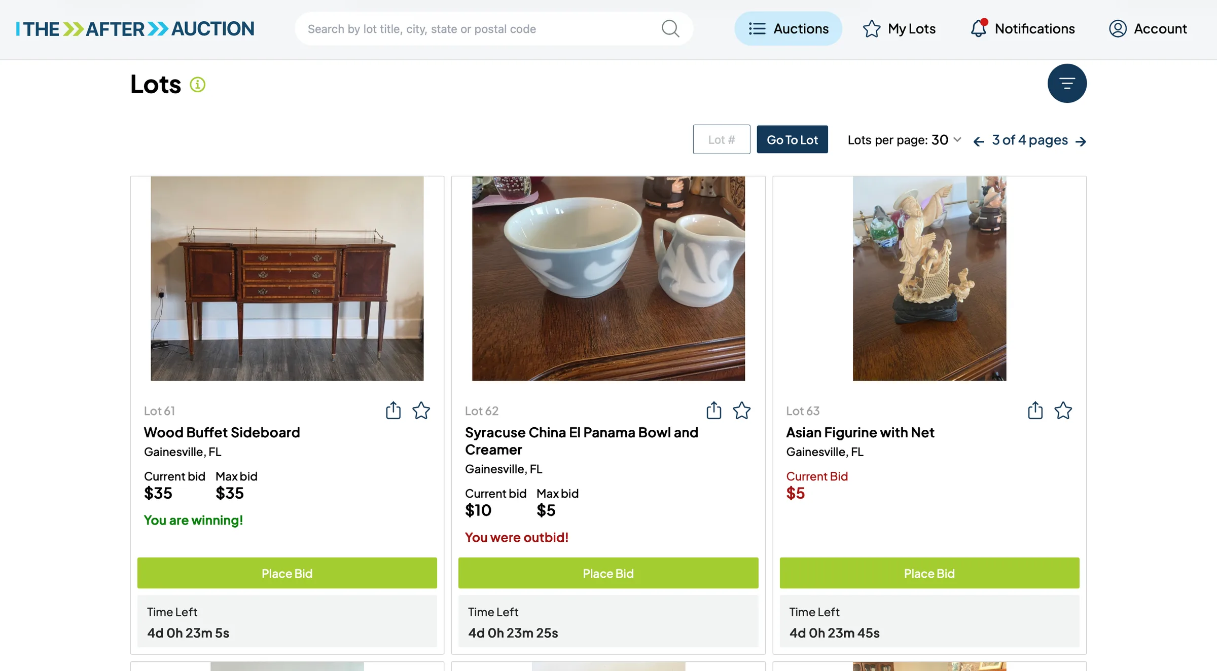 A grid of auction lots, each with a photo, current bid, time remaining and a Place Bid button.
