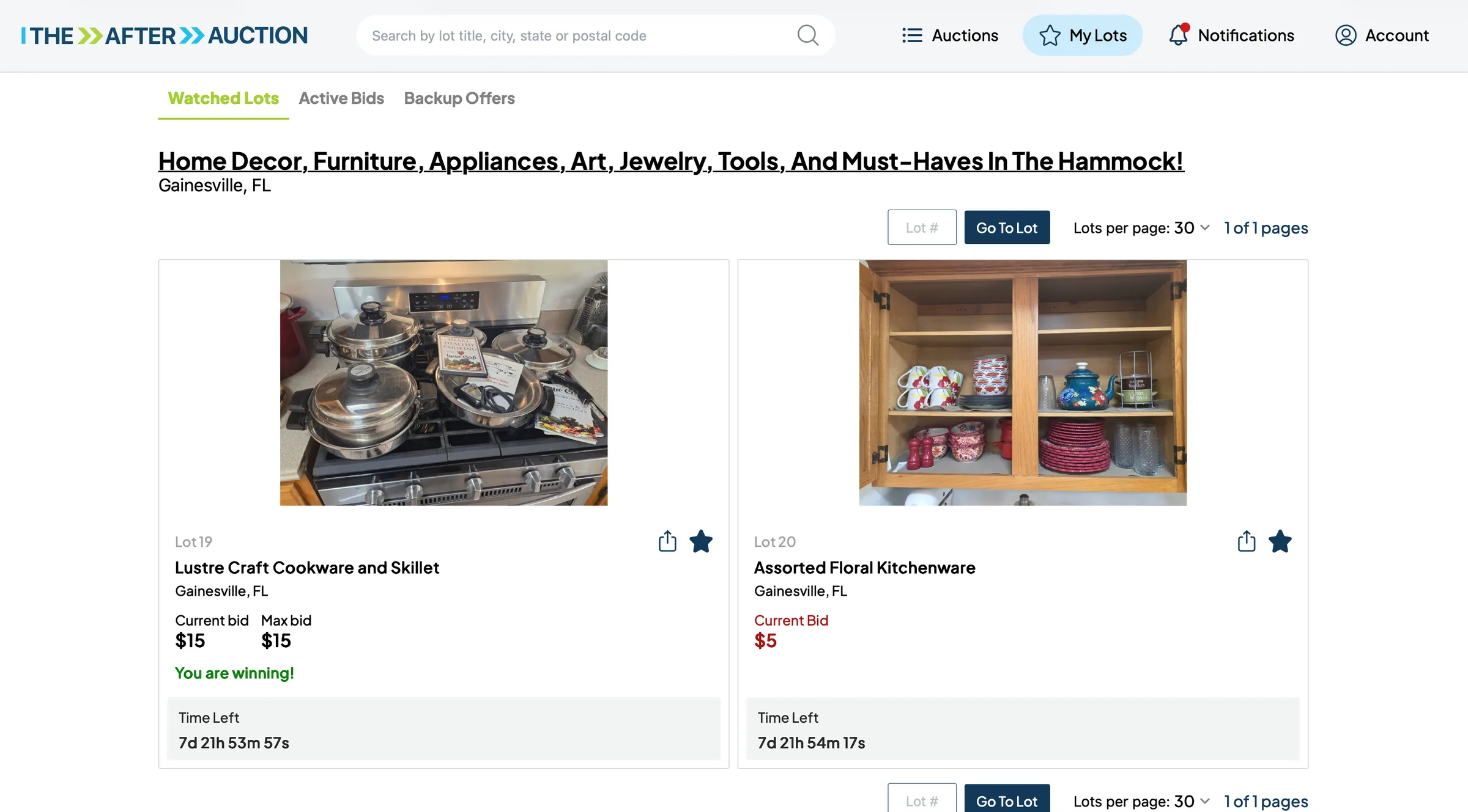 The Watched Lots tab listing starred lots with their current bids and time remaining.