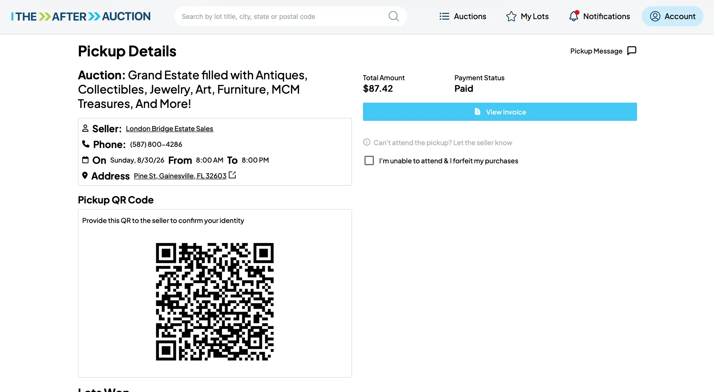 A pickup details screen showing the seller, the pickup window and address, and a QR code to present on arrival.
