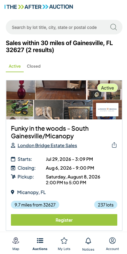 The After Auction app showing a nearby estate auction listing