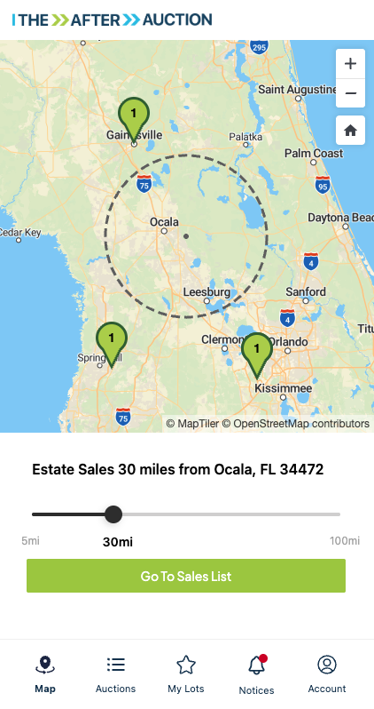 The After Auction app showing estate sales on a map near Gainesville, FL